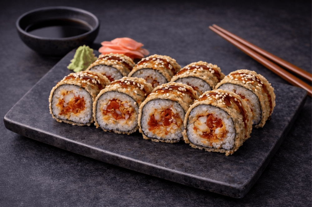 

Med cheddarost, tomat, sprø kylling, spicy saus, unagisaus og sesamfrø.