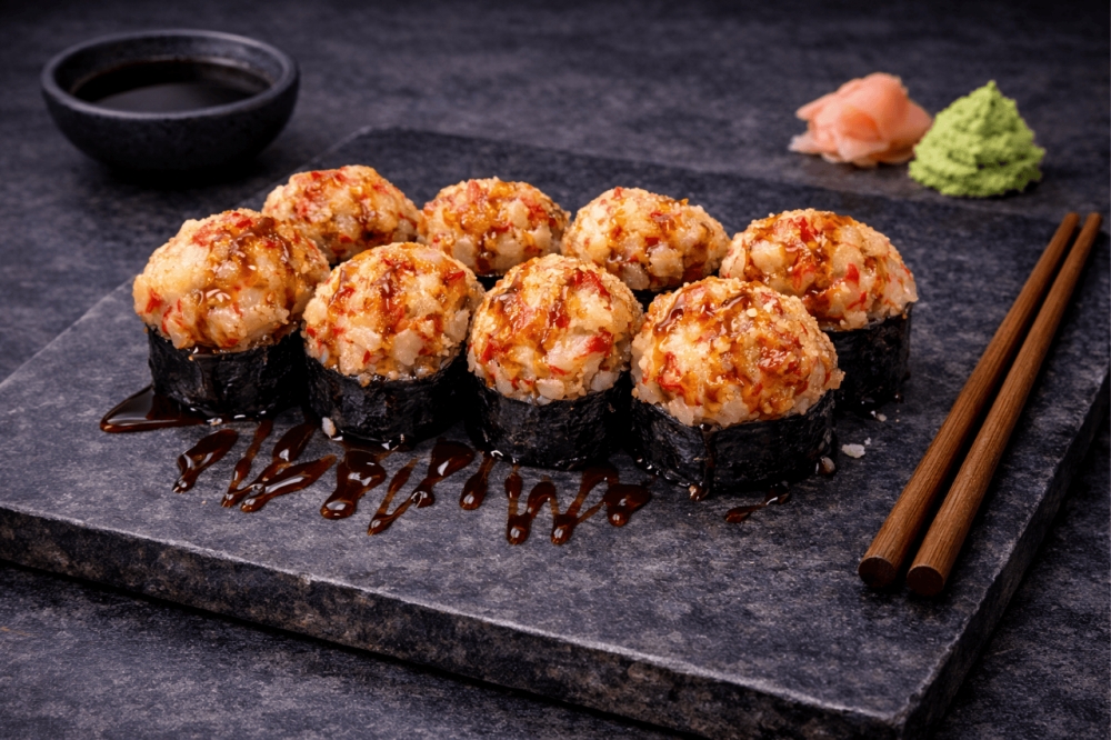 Cheddarost og tomat inni, toppet med surimi blandet med norsk ost og majones, gratinert på grillen og drysset med unagisaus.