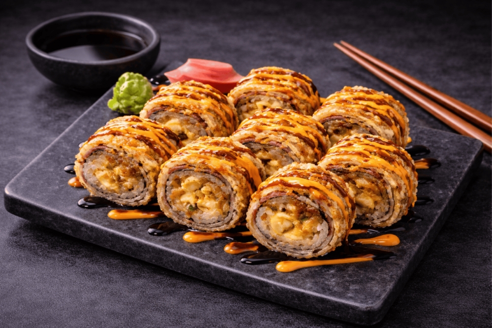 Varm rull med bacon, spicy saus, cheddarost, jalapeño og japansk omelett.

Toppet med spicy saus, unagisaus og sesamfrø 