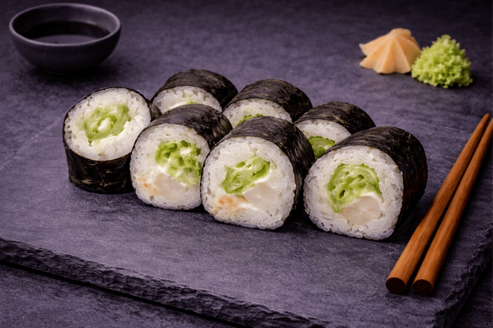 Sushi-rull med kamskjell, salat, wasabi og kremost.
8 biter
