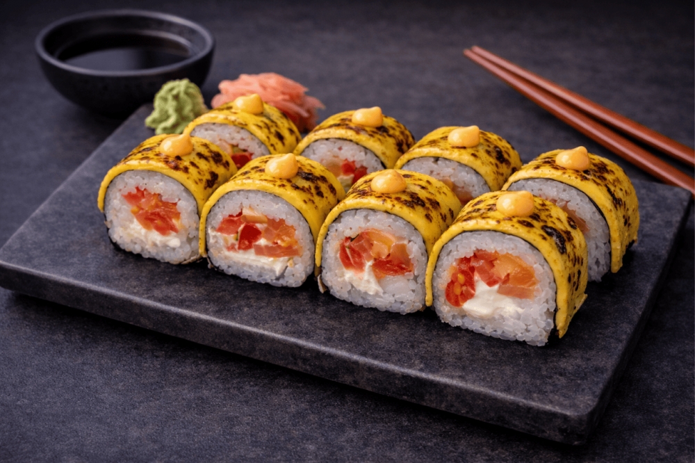 
 • Kremost
 • Tomat
 • Spicy saus
 • Røkt Laks
 • Ris
 • Cheder ost
8 biter