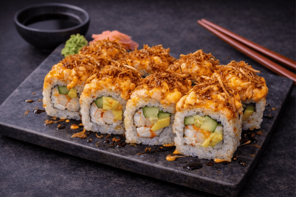 En bakt rull med fritert scampi, søt omelett og avokado.
På toppen: hakket laks med spicy saus, drysset med karamellisert løk.