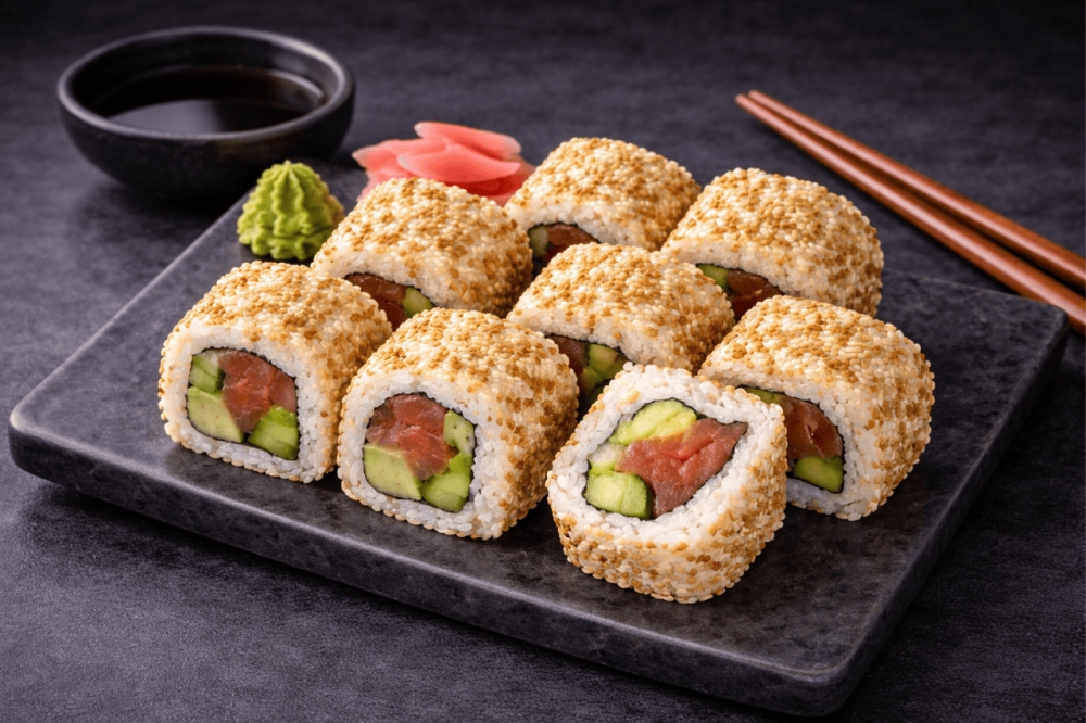 Sushi-rull med røkt laks, saftige grønnsaker, agurk og avocado
8 biter