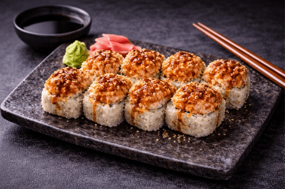 Kremet ferskost og agurk inni, toppet med spicy laks og drysset med unagisaus og drysset med hjemmelaget tempuraflak.