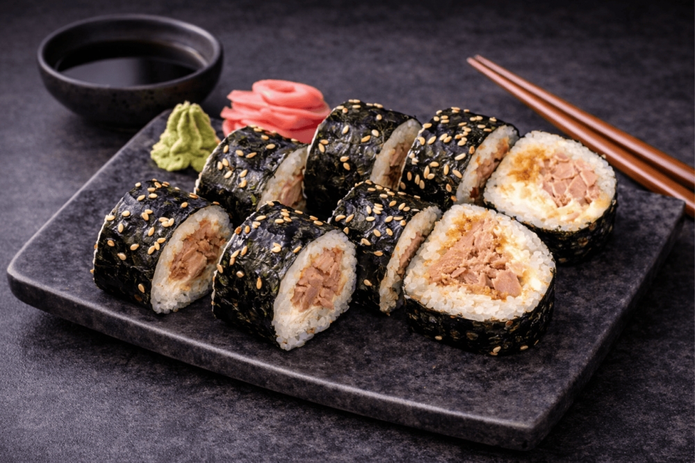 Sushi-rull med marinert tunfisk, kremost, spicy saus, toppet med søt saus og sesamfrø
8 biter
