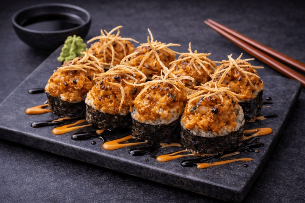 • Fritert scampi
 • Kremost
 • Tomat
 • Spicy saus
 • Laks
 • Ris
 • Unagisaus
 • Stekt potet
8 biter 