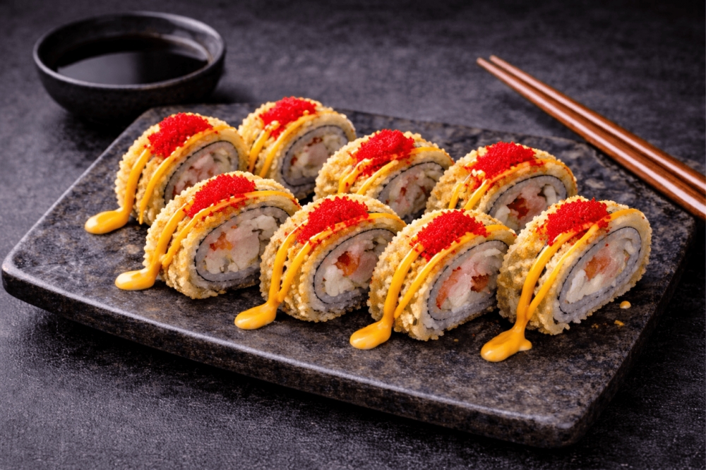 Ris, spicy saus, kremost, surimi,tomat,avokado og rogn
10 biter