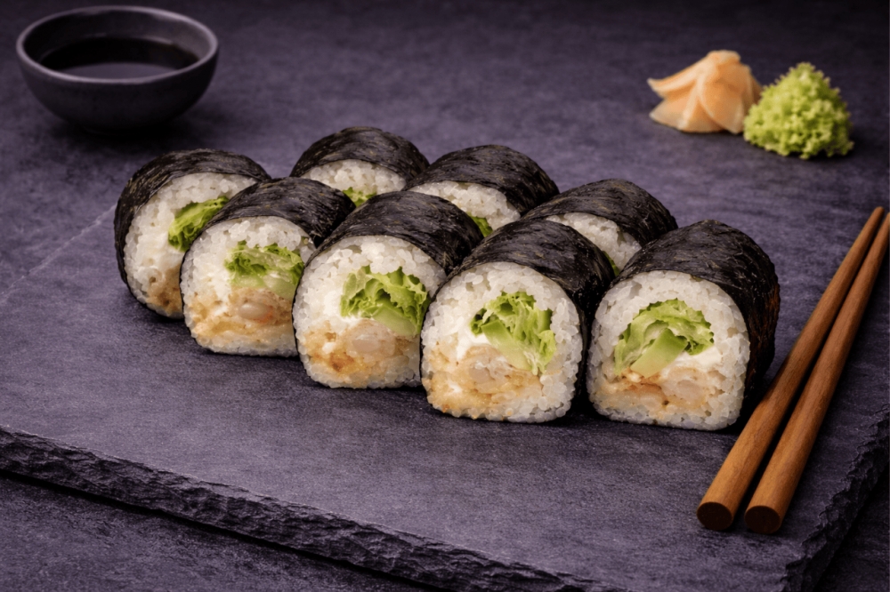 Sushi-rull med sprøstekt tempurareke, spicy saus, kremost, avokado, agurk og salat
8 biter