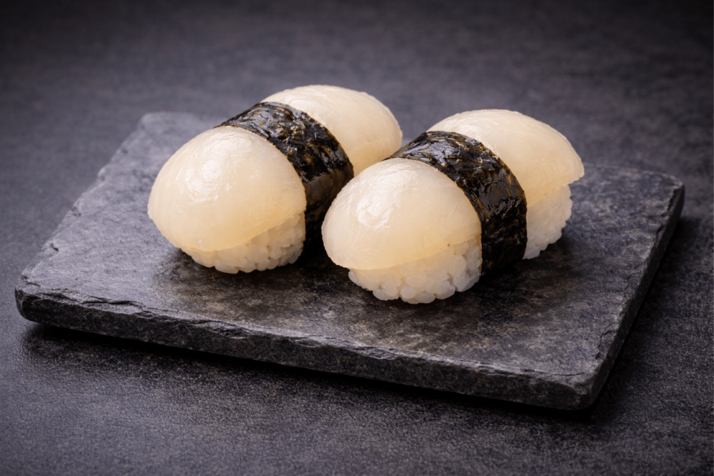 Klassiske retter fra det japanske kjøkkenet er sushi med Kamskjell