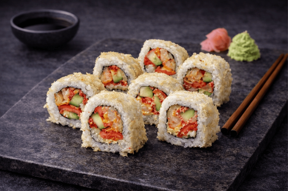 Tempuraflak
Ris
Unagisaus
Fritert skampi
Majones
Tomat 
Rogn  
Agurk