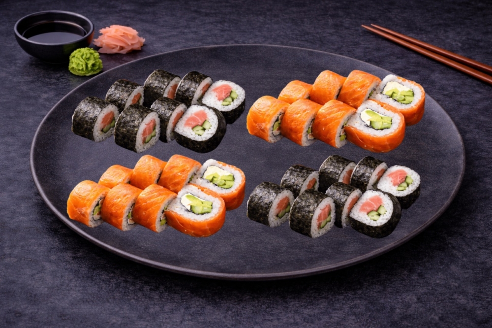 Philadelphia med fersk laks. Philadelphia med røkt laks. Futomaki med fersk laks. Futomaki med røkt laks 