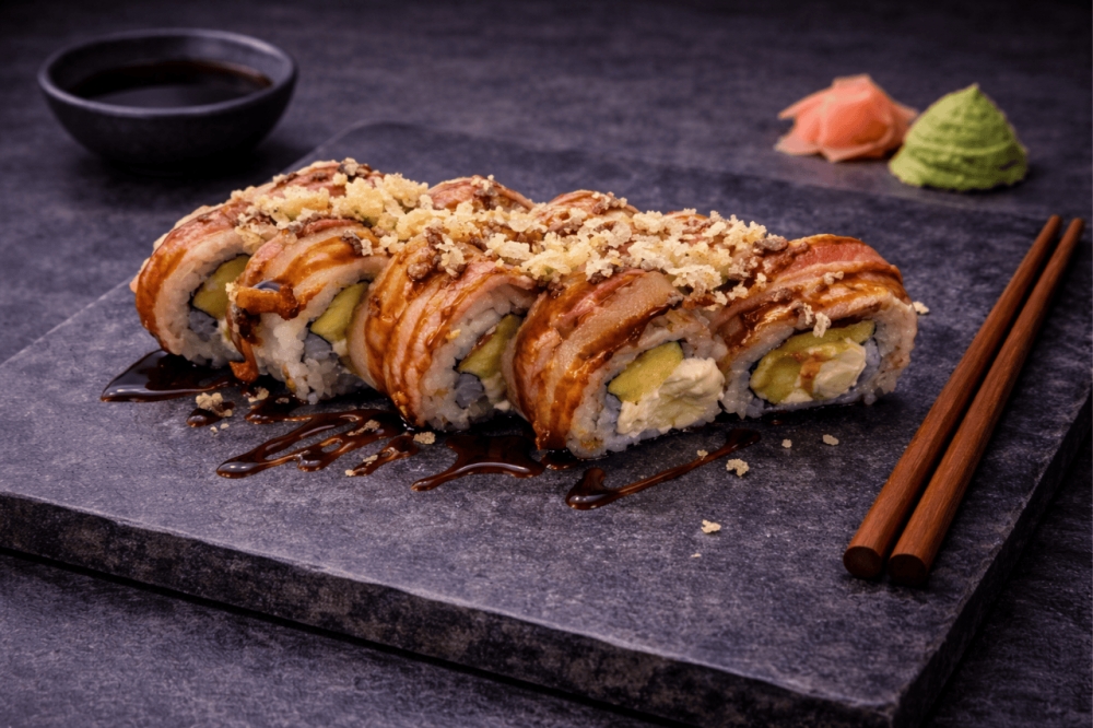 japansk omelett og kremet ferskost, toppet med grillett bacon, drysset med unagisaus og hjemmelaget tempuraflak.